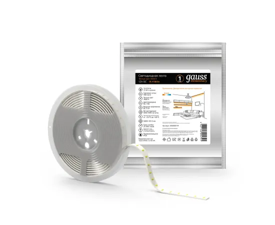 Лента Gauss LED Elementary 5050/60-SMD 14.4W 12V DC теплый белый IP20 (ZIP Bag 5м), изображение 2