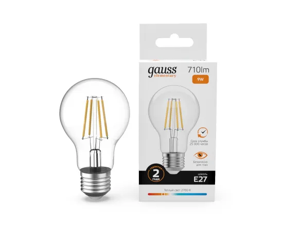 Лампа Gauss Filament Elementary А60 9W 710lm 2700К Е27 LED 1/10/50
Артикул: 22219