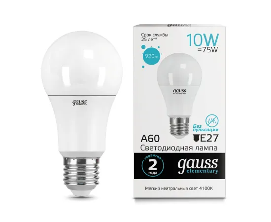 Лампа Gauss Elementary A60 10W 920lm 4100K Е27 LED 1/10/50
Артикул: 23220