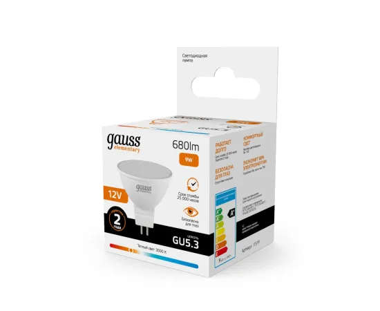 Фото Лампа Gauss Elementary MR16 12V 9W 680lm 3000K GU5.3 LED 1/10/100  Артикул: 11519