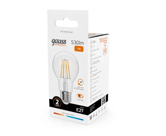 Лампа Gauss Filament Elementary А60 7W 530lm 2700К Е27 LED 1/10/50
Артикул: 22217