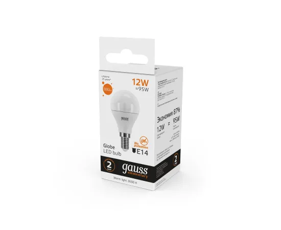 Фото Лампа Gauss Elementary Шар 12W 880lm 3000K Е14 LED 1/10/100 Артикул: 53112