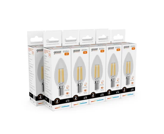 Лампа Gauss Filament Elementary Свеча 10W 650lm 2700К Е14 LED 1/10/100
Артикул: 32110