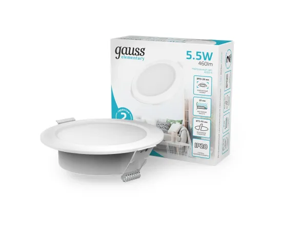 Светильник Gauss Elementary Downlight круг 5,5W 460lm 4000K 170-260V IP20 95*26 монтаж белый LED 1/100
Артикул: 997420205