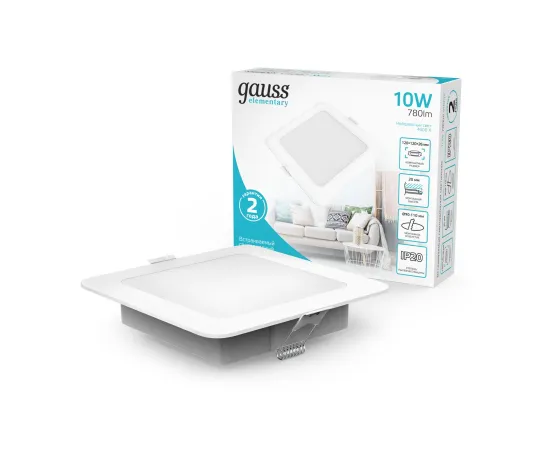 Светильник Gauss Elementary Downlight квадрат 10W 780lm 4000K 170-260V IP20 120*26 монтаж белый LED 1/100
Артикул: 998420209