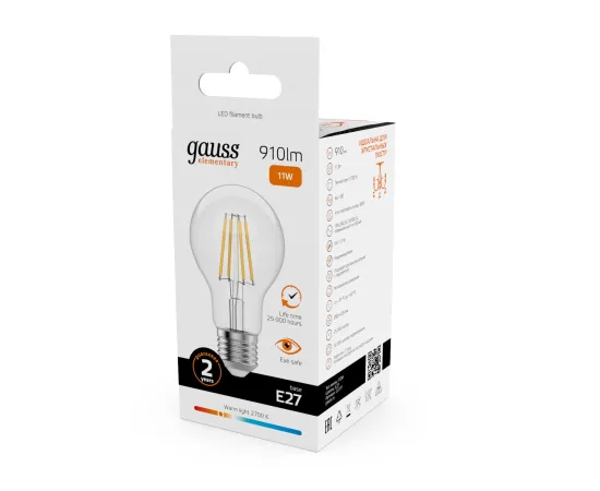 Лампа Gauss Filament Elementary А60 11W 910lm 2700К Е27 LED 1/10/50
Артикул: 22211
