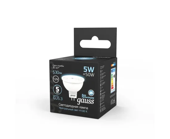 Фото Лампа Gauss MR16 12V 5W 530lm 4100K GU5.3 LED 1/10/100 Артикул: 201505205