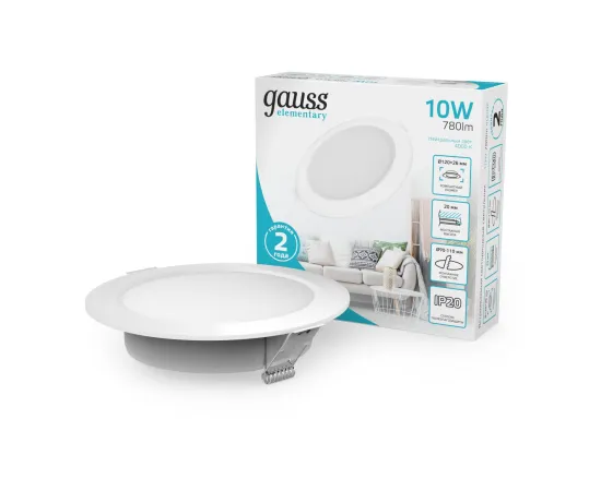 Светильник Gauss Elementary Downlight круг 10W 780lm 4000K 170-260V IP20 120*26 монтаж Ø90-110мм белый LED 1/100
Артикул: 997420209
