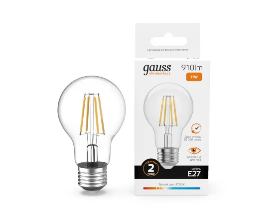 Лампа Gauss Filament Elementary А60 11W 910lm 2700К Е27 LED 1/10/50
Артикул: 22211