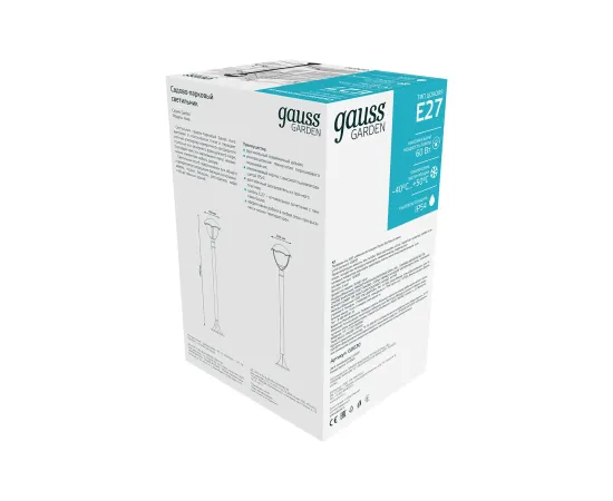 Светильник садово-парковый Gauss Aura столб 1*E27, Max.60W, 200*200*1000мм, 170-240V / 50Hz, IP 54 (1/6)
Артикул: GD030