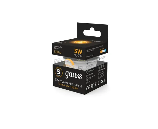 Фото Лампа Gauss MR16 5W 500lm 3000K GU5.3 диммируемая LED 1/10/100 Артикул: 101505105-D