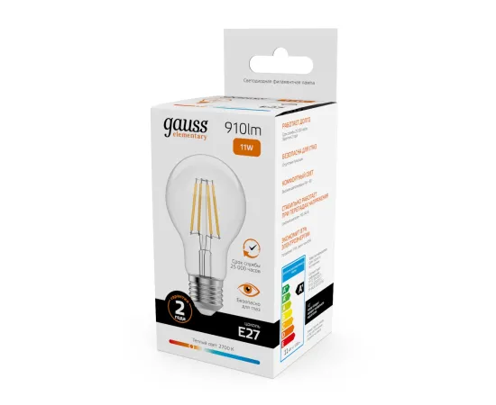 Лампа Gauss Filament Elementary А60 11W 910lm 2700К Е27 LED 1/10/50
Артикул: 22211