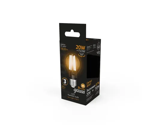 Лампа Gauss Filament А60 20W 1800lm 2700К Е27 LED 1/10/40
Артикул: 102902120