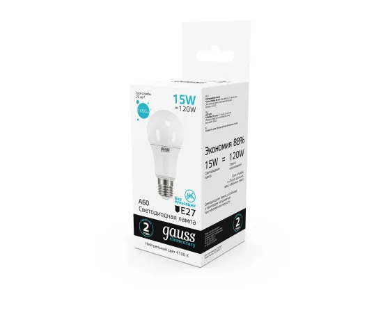 Фото Лампа Gauss Elementary A60 15W 1450lm 4100K E27 LED 1/10/50 Артикул: 23225