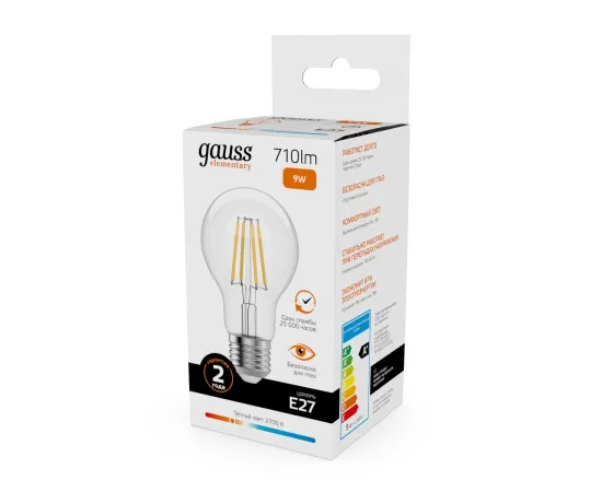 Лампа Gauss Filament Elementary А60 9W 710lm 2700К Е27 LED 1/10/50
Артикул: 22219