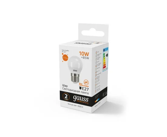 Фото Лампа Gauss Elementary Шар 10W 710lm 3000K Е27 LED 1/10/100 Артикул: 53210