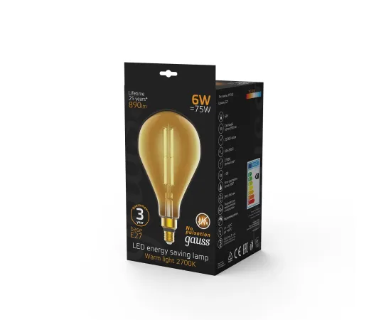 Лампа Gauss Filament PS160 6W 890lm 2700К Е27 golden straight LED 1/6
Артикул: 179802118