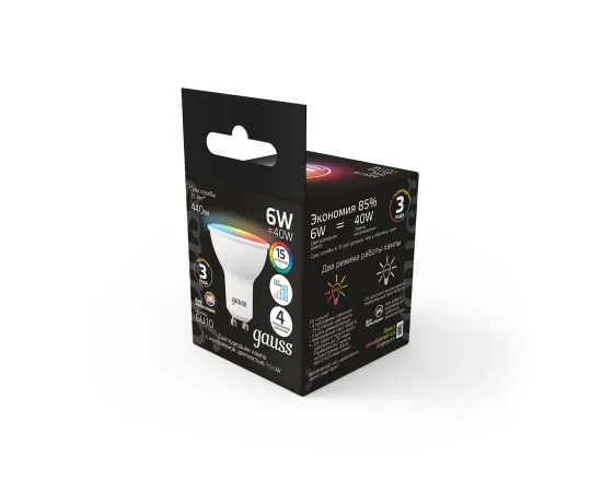Фото Лампа Gauss MR16 6W GU10 RGBW+димирование LED 1/100 Артикул: 101106406