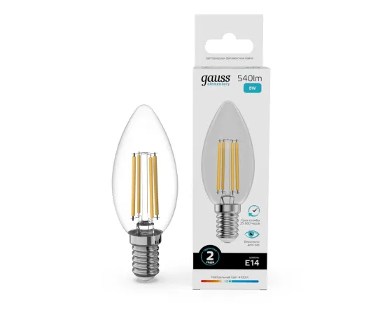 Лампа Gauss Filament Elementary Свеча 8W 540lm 4100К Е14 LED 1/10/100
Артикул: 32128