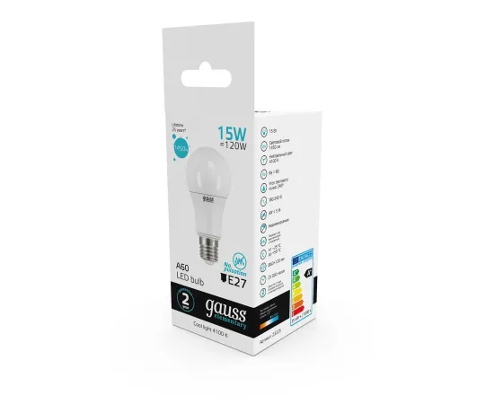 Фото Лампа Gauss Elementary A60 15W 1450lm 4100K E27 LED 1/10/50 Артикул: 23225