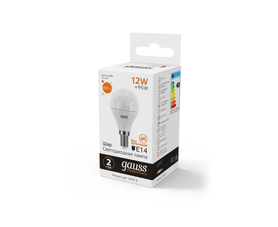 Фото Лампа Gauss Elementary Шар 12W 880lm 3000K Е14 LED 1/10/100 Артикул: 53112