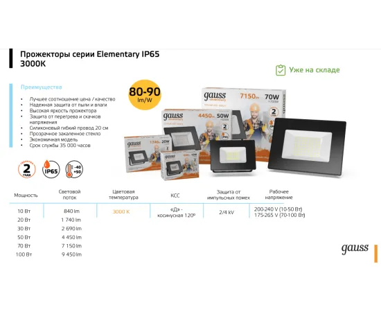 Прожектор Gauss LED 100W 6700lm IP65 3000К черный 1/14, изображение 7
