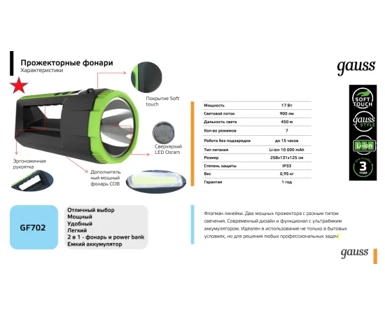 Фото Фонарь прожекторный Gauss модель GFL702 17W 900lm Power Bank Li-ion 10000mAh диммируемый LED 1/12 Артикул: GF702 Фото Фонарь прожекторный Gauss модель GFL702 17W 900lm Power Bank Li-ion 10000mAh диммируемый LED 1/12 Артикул: GF702