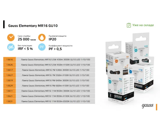 Фото Лампа Gauss Elementary MR16 7W 530lm 3000К GU10 LED 1/10/100 Артикул: 13617