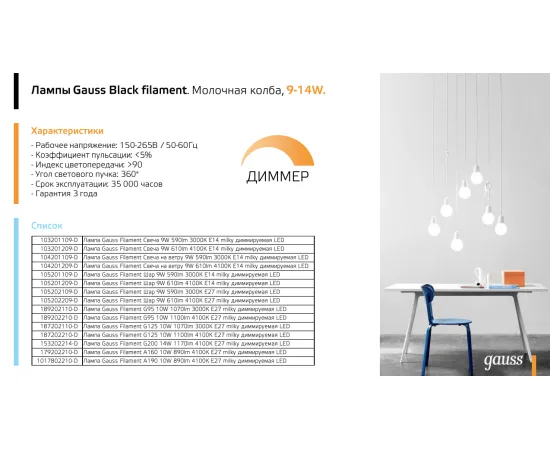 Фото Лампа Gauss Filament G200 14W 1170lm 4100К Е27 milky диммируемая LED 1/4 Артикул: 153202214-D