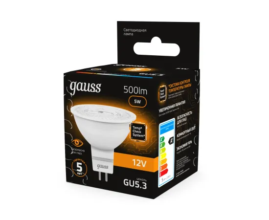 Фото Лампа Gauss MR16 12V 5W 500lm 3000K GU5.3 LED 1/10/100 Артикул: 201505105