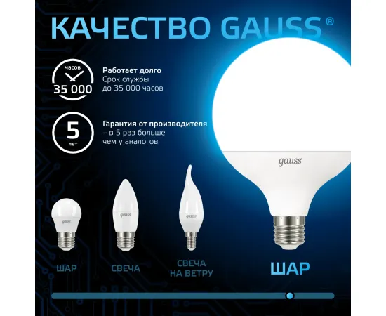Фото Лампа Gauss G125 22W 1900lm 6500K E27 LED 1/10 Артикул: 105102322 Фото Лампа Gauss G125 22W 1900lm 6500K E27 LED 1/10 Артикул: 105102322