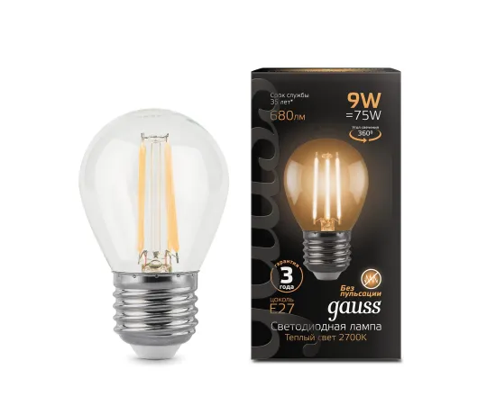 Фото Лампа Gauss Filament Шар 9W 680lm 2700К Е27 LED 1/10/50 Артикул: 105802109