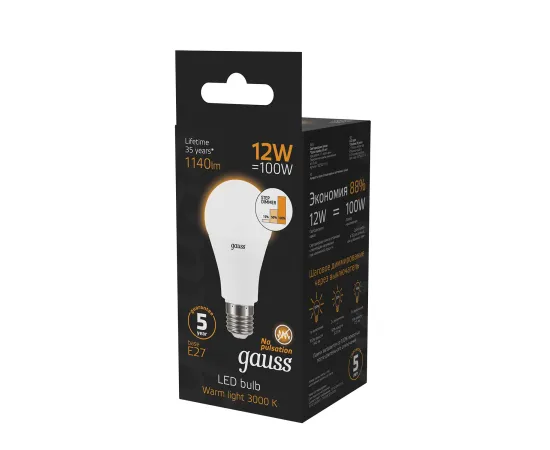 Фото Лампа Gauss A60 12W 1140lm 3000K Е27 шаг. диммирование LED 1/10/50 Артикул: 102502112-S