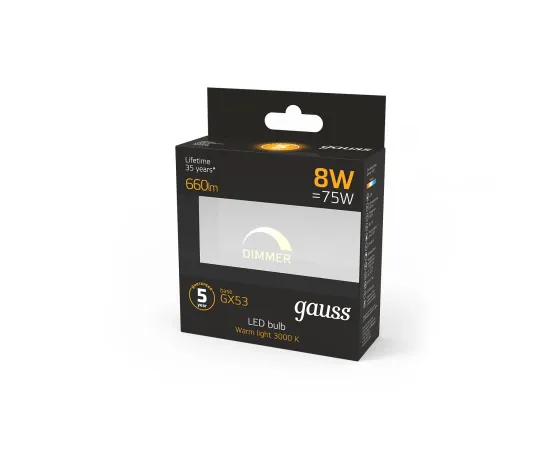 Лампа Gauss GX53 8W 660lm 3000K диммируемая LED 1/10/100 Артикул: 108408108-D