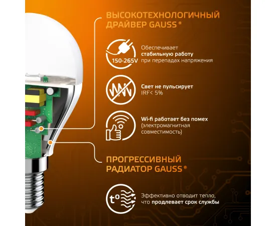 Фото Лампа Gauss Шар 9.5W 890lm 3000K E14 LED 1/10/100 Артикул: 105101110 Фото Лампа Gauss Шар 9.5W 890lm 3000K E14 LED 1/10/100 Артикул: 105101110