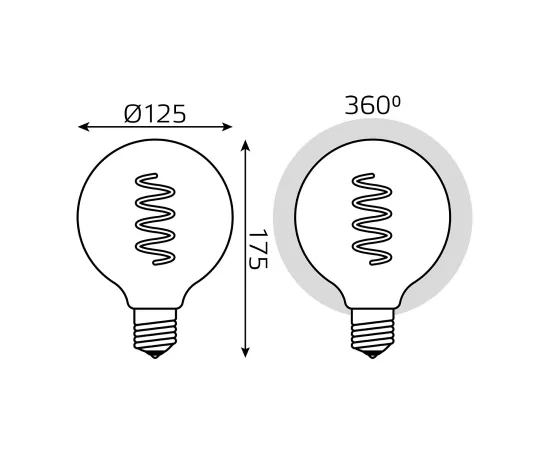 Фото Лампа Gauss Filament G125 6W 360lm 2400К Е27 golden flexible LED 1/20 Артикул: 158802008