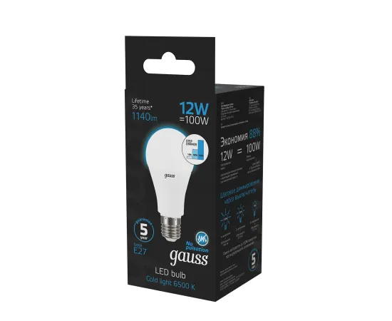 Фото Лампа Gauss A60 12W 1140lm 6500K Е27 шаг. диммирование LED 1/10/50 Артикул: 102502312-S