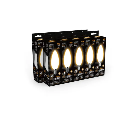 Фото Лампа Gauss Filament Свеча 9W 590lm 3000К Е14 milky LED 1/10/50 Артикул: 103201109