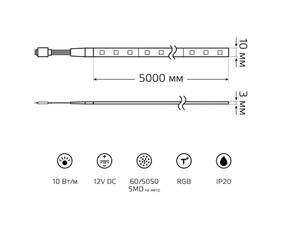 Лента Gauss Basic в комплекте LED 5050/60 12V 10W/m 700lm/m RGB 10mm IP20 5m 1/50, изображение 4 Лента Gauss Basic в комплекте LED 5050/60 12V 10W/m 700lm/m RGB 10mm IP20 5m 1/50, изображение 4