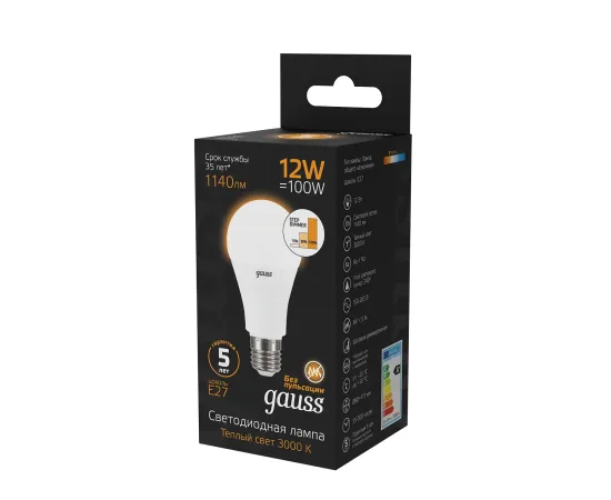 Фото Лампа Gauss A60 12W 1140lm 3000K Е27 шаг. диммирование LED 1/10/50 Артикул: 102502112-S