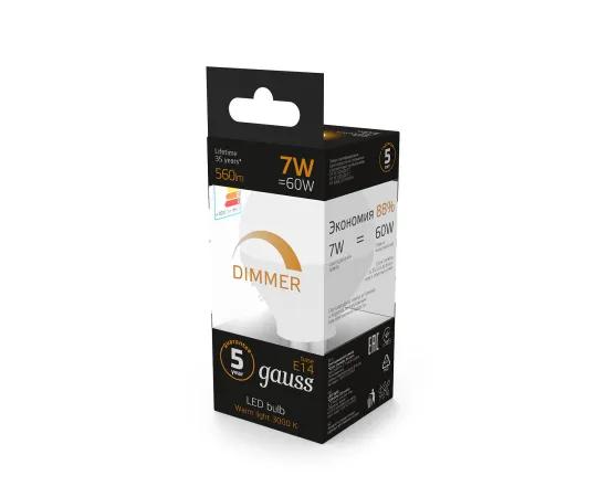 Фото Лампа Gauss LED Шар-dim E14 7W 560lm 3000К диммируемая 1/10/100 Артикул: 105101107-D