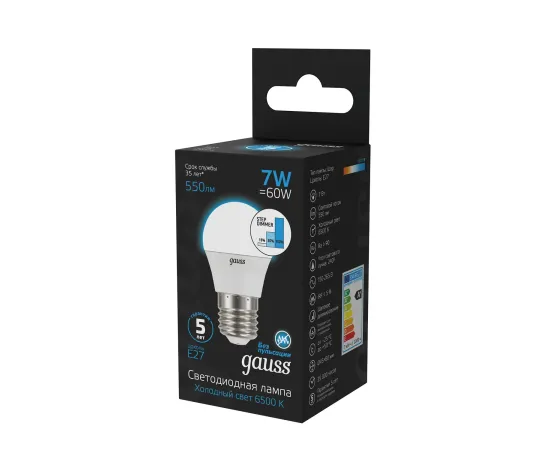 Фото Лампа Gauss Шар 7W 550lm 6500K Е27 шаг. диммирование LED 1/10/100 Артикул: 105102307-S