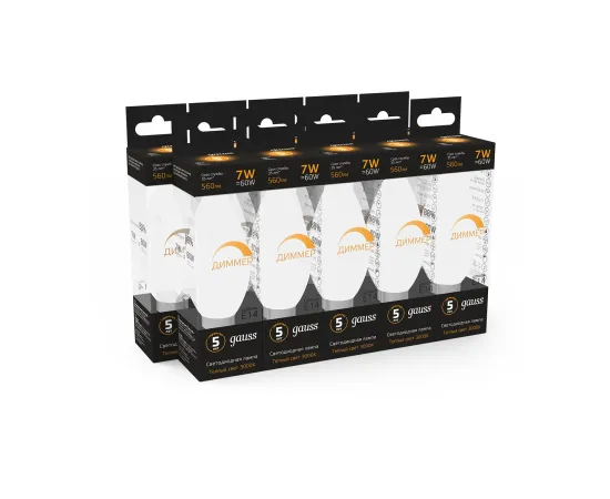 Фото Лампа Gauss Свеча 7W 560lm 3000К Е14 диммируемая LED 1/10/100​ Артикул: 103101107-D