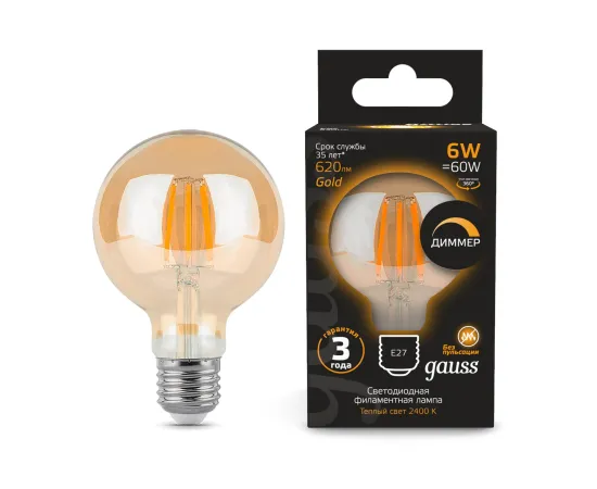 Фото Лампа Gauss Filament G95 6W 620lm 2400К Е27 golden диммируемая LED 1/20 Артикул: 105802006-D