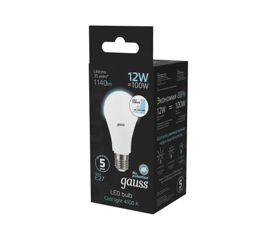 Фото Лампа Gauss A60 12W 1140lm 4100K Е27 шаг. диммирование LED 1/10/50 Артикул: 102502212-S Фото Лампа Gauss A60 12W 1140lm 4100K Е27 шаг. диммирование LED 1/10/50 Артикул: 102502212-S