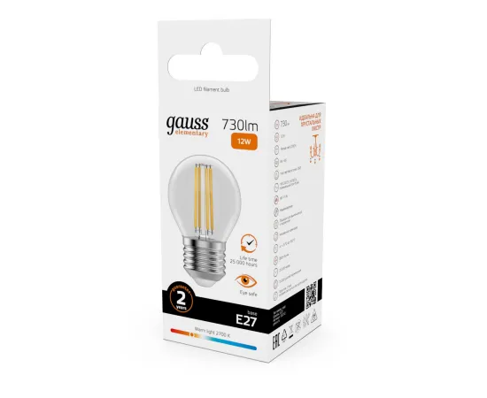 Лампа Gauss Filament Elementary Шар 12W 730lm 2700К Е27 LED 1/10/100, изображение 5