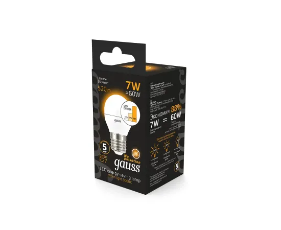 Фото Лампа Gauss Шар 7W 520lm 3000K Е27 шаг. диммирование LED 1/10/100 Артикул: 105102107-S