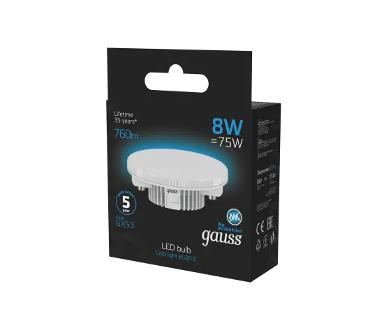 Фото Лампа Gauss GX53 8W 760lm 6500K LED 1/10/100 Артикул: 108008308