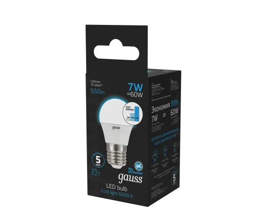 Фото Лампа Gauss Шар 7W 550lm 6500K Е27 шаг. диммирование LED 1/10/100 Артикул: 105102307-S