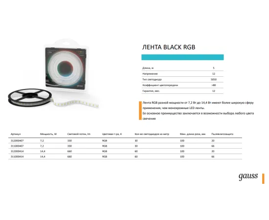 Фото Лента Gauss LED 5050/60-SMD 14.4W 12V DC RGB IP66 (блистер 5м) Артикул: 311000414